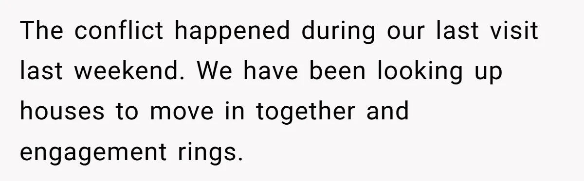 The conflict happened during our last visit last weekend. We have been looking up houses to move in together and engagement rings.