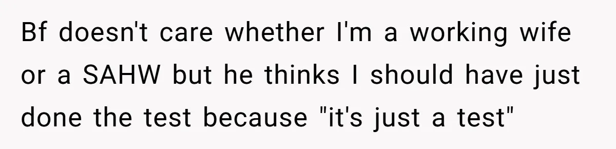 Bf doesn't care whether I'm a working wife or a SAHW but he thinks I should have just done the test because "it's just a test"