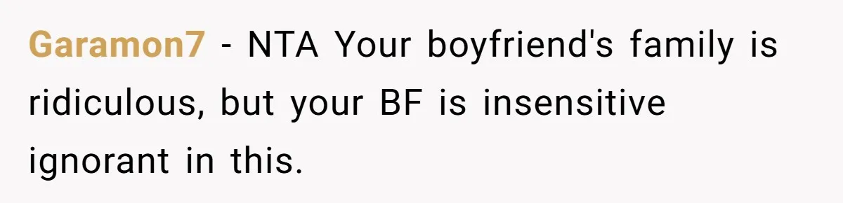 Garamon7 − NTA Your boyfriend's family is ridiculous, but your BF is insensitive ignorant in this.