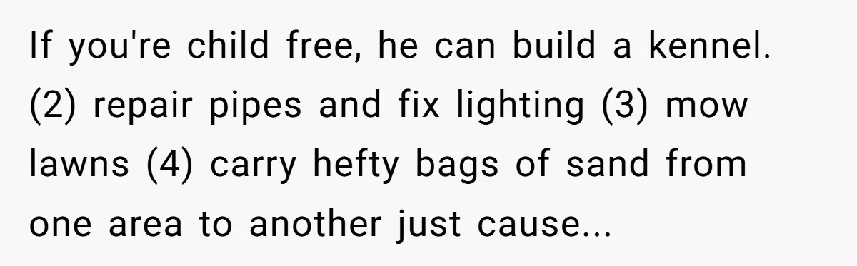 If you're child free, he can build a kennel. (2) repair pipes and fix lighting (3) mow lawns (4) carry hefty bags of sand from one area to another just...