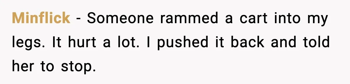 Minflick - Someone rammed a cart into my legs. It hurt a lot. I pushed it back and told her to stop.