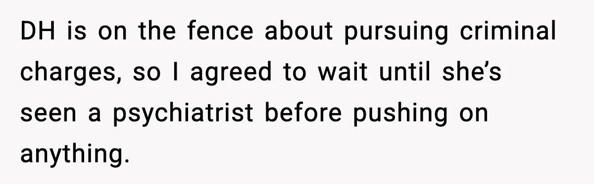 DH is on the fence about pursuing criminal charges, so I agreed to wait until she’s seen a psychiatrist before pushing on anything.