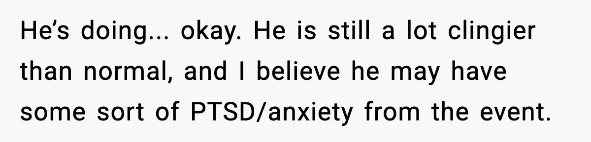 He’s doing... okay. He is still a lot clingier than normal, and I believe he may have some sort of PTSD/anxiety from the event.