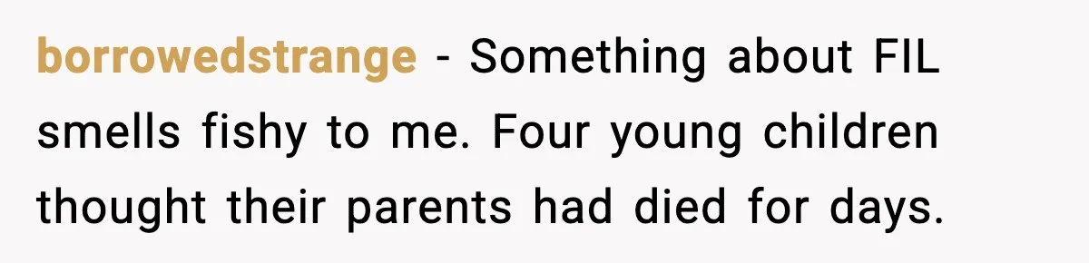 borrowedstrange - Something about FIL smells fishy to me. Four young children thought their parents had died for days.