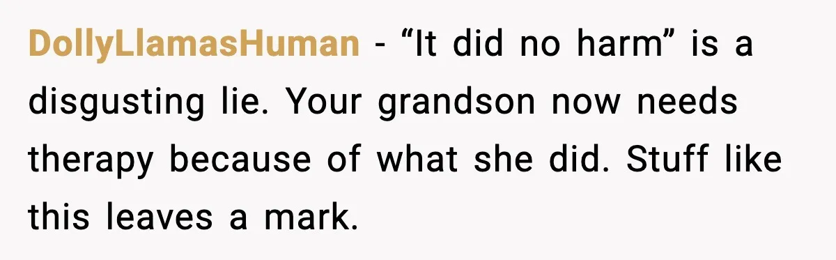 DollyLlamasHuman - “It did no harm” is a disgusting lie. Your grandson now needs therapy because of what she did. Stuff like this leaves a mark.