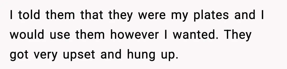 I told them that they were my plates and I would use them however I wanted. They got very upset and hung up.