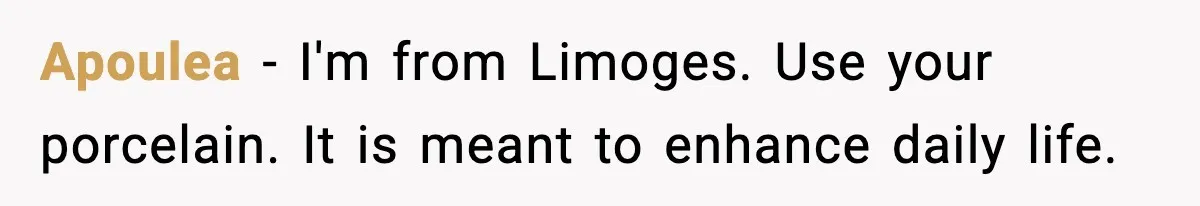 Apoulea - I'm from Limoges. Use your porcelain. It is meant to enhance daily life.