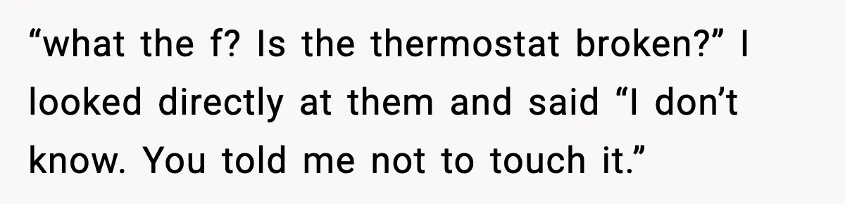 Man Refuses To Adjust Thermostat As Told, Parents Return To 50 Degree Shock “what the f? Is the thermostat broken?” I looked directly at them and said “I don’t know. You told me not to touch it.”