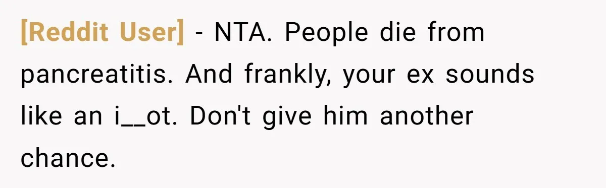 [Reddit User] − NTA. People die from pancreatitis. And frankly, your ex sounds like an i__ot. Don't give him another chance.