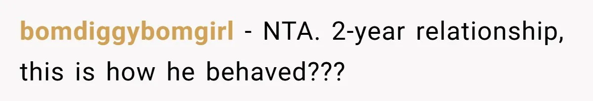 bomdiggybomgirl − NTA. 2-year relationship, this is how he behaved???