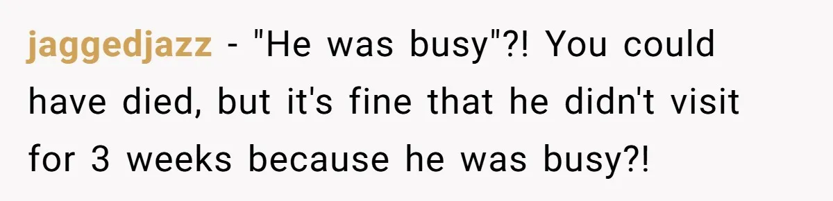 jaggedjazz − "He was busy"?! You could have died, but it's fine that he didn't visit for 3 weeks because he was busy?!