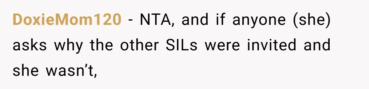 DoxieMom120 − NTA, and if anyone (she) asks why the other SILs were invited and she wasn’t,