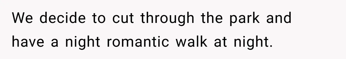 We decide to cut through the park and have a night romantic walk at night.