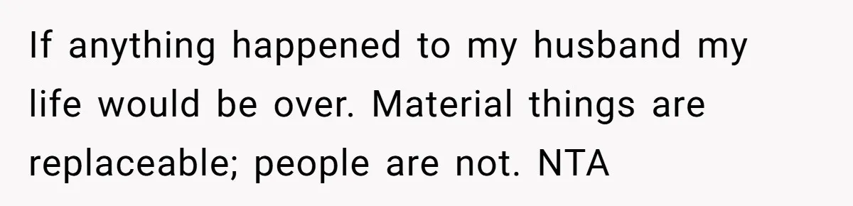 If anything happened to my husband my life would be over. Material things are replaceable; people are not. NTA