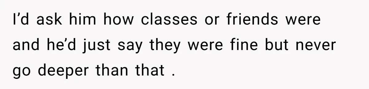 I’d ask him how classes or friends were and he’d just say they were fine but never go deeper than that .