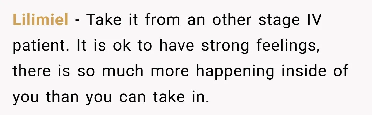 Lilimiel − Take it from an other stage IV patient. It is ok to have strong feelings, there is so much more happening inside of you than you can take...