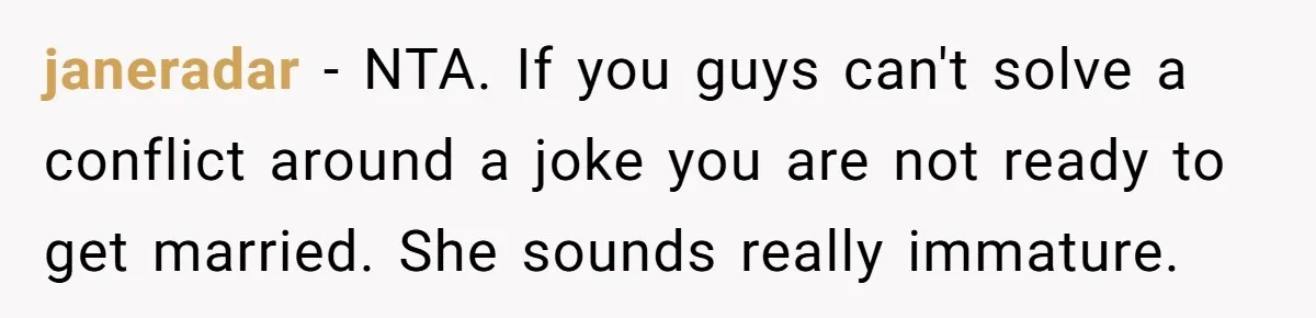 janeradar − NTA. If you guys can't solve a conflict around a joke you are not ready to get married. She sounds really immature.