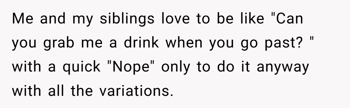 Me and my siblings love to be like "Can you grab me a drink when you go past? " with a quick "Nope" only to do it anyway with all...