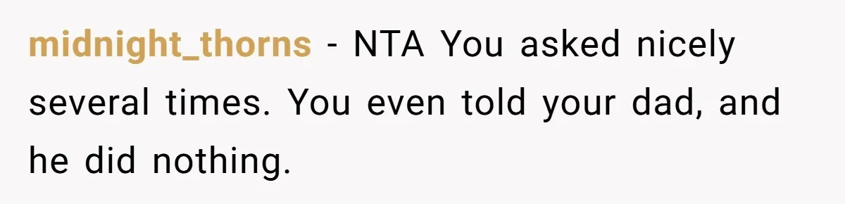 midnight_thorns − NTA You asked nicely several times. You even told your dad, and he did nothing.