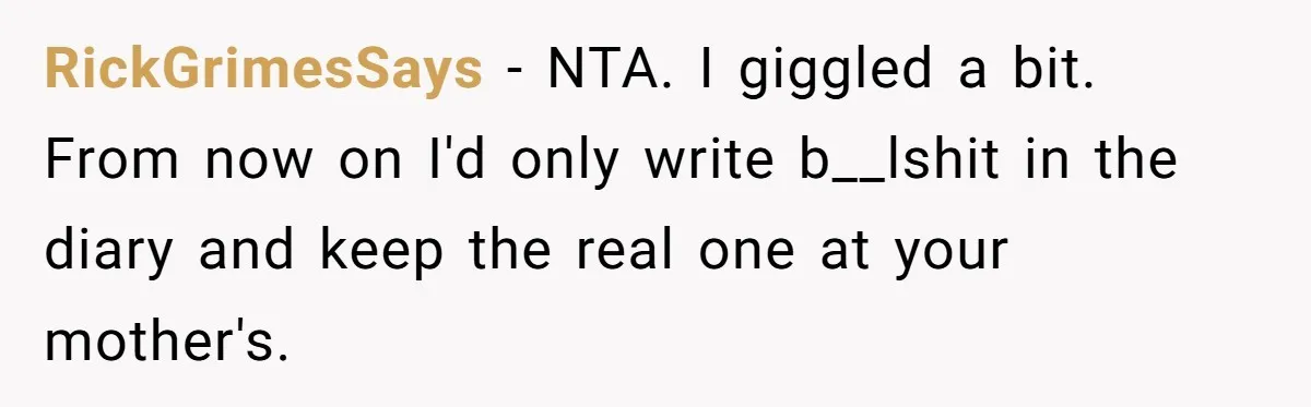 RickGrimesSays − NTA. I giggled a bit. From now on I'd only write b__lshit in the diary and keep the real one at your mother's.