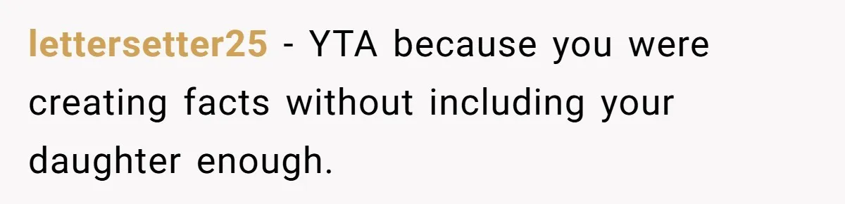 lettersetter25 − YTA because you were creating facts without including your daughter enough.