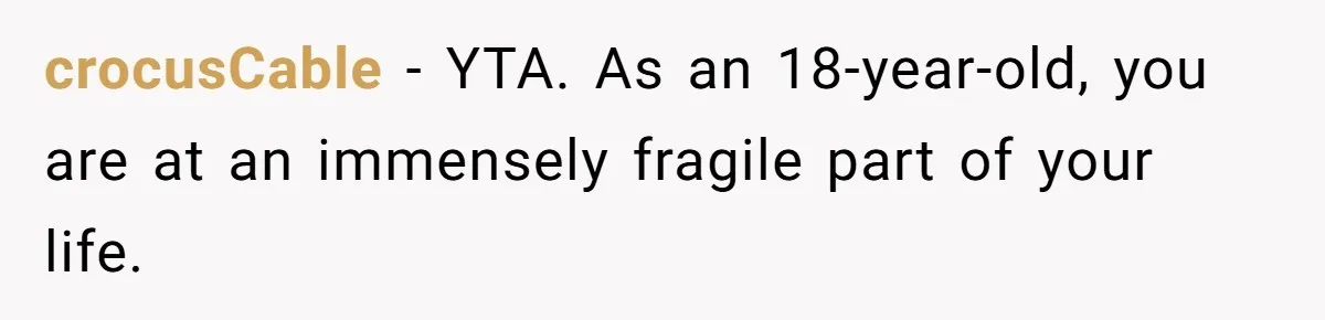 crocusCable − YTA. As an 18-year-old, you are at an immensely fragile part of your life.