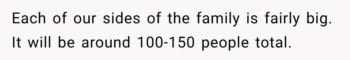 Each of our sides of the family is fairly big. It will be around 100-150 people total.