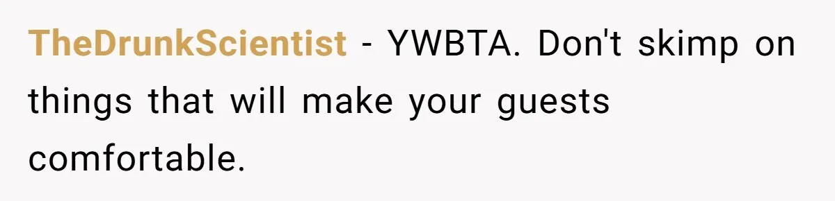 TheDrunkScientist − YWBTA. Don't skimp on things that will make your guests comfortable.