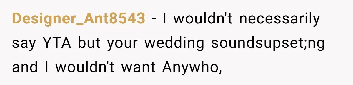 Designer_Ant8543 − I wouldn't necessarily say YTA but your wedding soundsupset;ng and I wouldn't want Anywho,