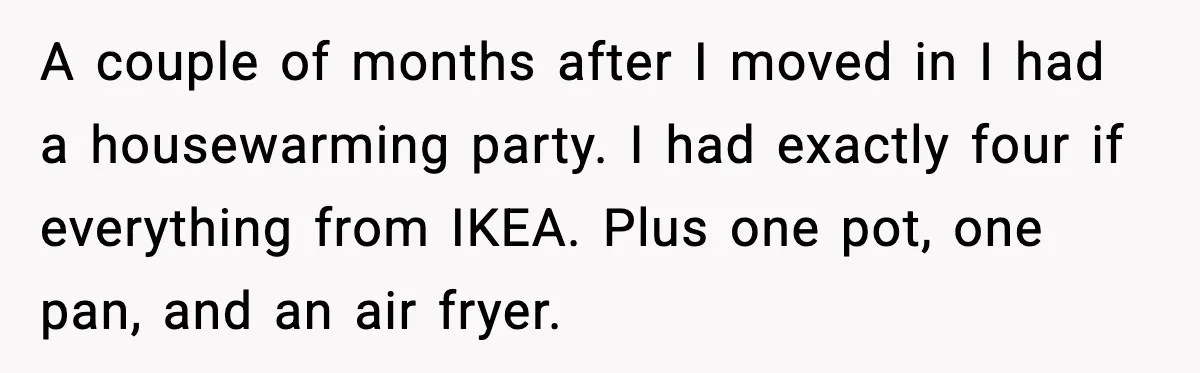 A couple of months after I moved in I had a housewarming party. I had exactly four if everything from IKEA. Plus one pot, one pan, and an air fryer.