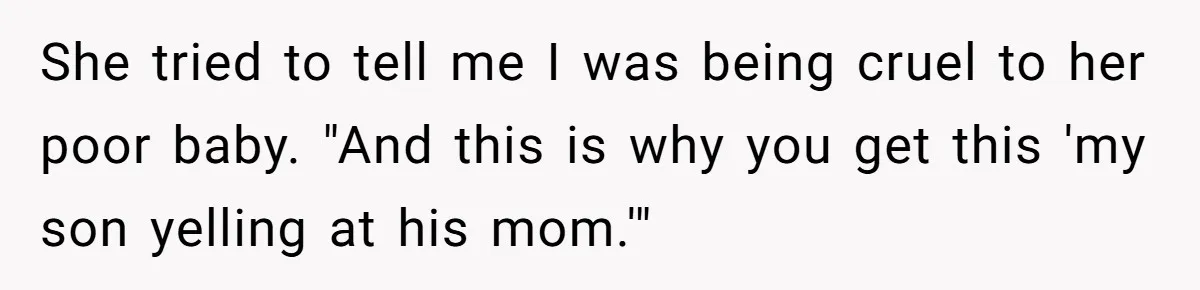 She tried to tell me I was being cruel to her poor baby. "And this is why you get this 'my son yelling at his mom.'"