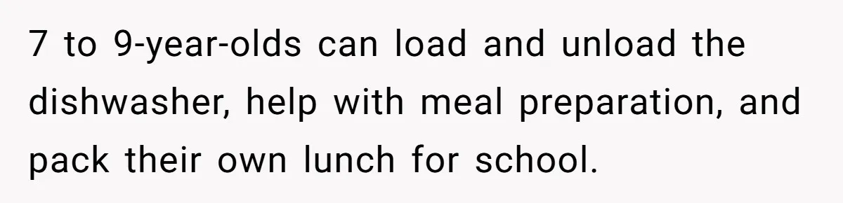 7 to 9-year-olds can load and unload the dishwasher, help with meal preparation, and pack their own lunch for school.