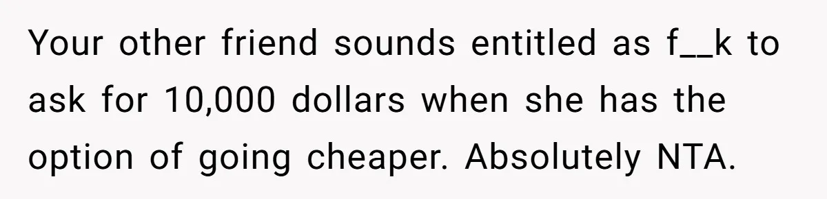 A Redditor’s Refusal To Fund A Friend’s Lavish Wedding Sparks Entitlement Outrage Your other friend sounds entitled as f__k to ask for 10,000 dollars when she has the option of going cheaper. Absolutely NTA.