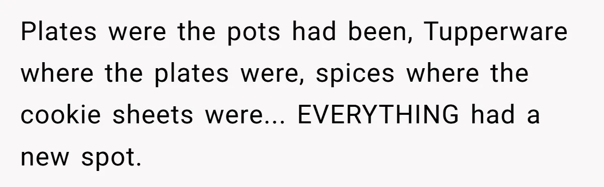Plates were the pots had been, Tupperware where the plates were, spices where the cookie sheets were... EVERYTHING had a new spot.