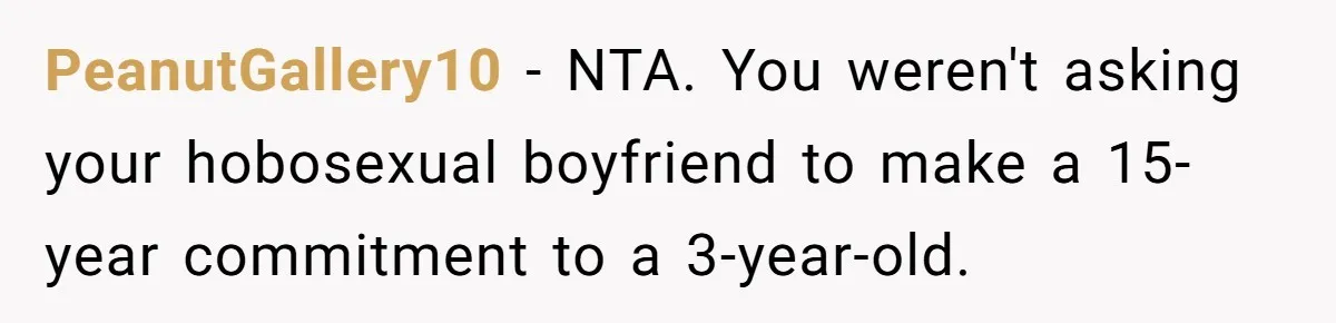 PeanutGallery10 − NTA. You weren't asking your hobosexual boyfriend to make a 15-year commitment to a 3-year-old.