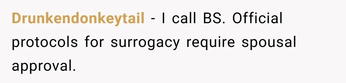 Husband Stunned After Wife Secretly Signs Up To Be Surrogate Without Telling Him Drunkendonkeytail − I call BS. Official protocols for surrogacy require spousal approval.