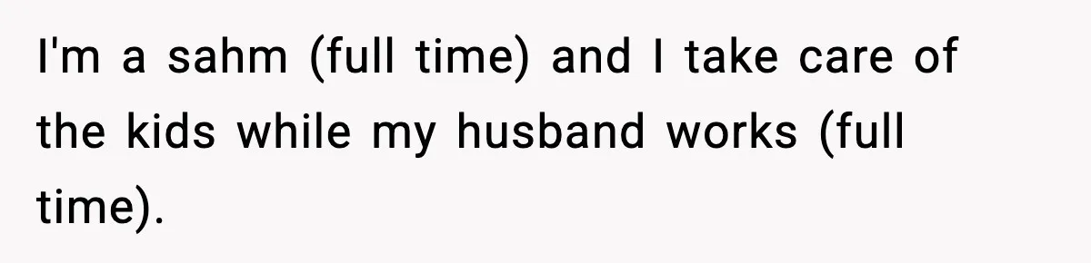 Husband Cancels Wife’s Ticket To Stop Her From Attending Sister’s Wedding, She Drives Anyway I'm a sahm (full time) and I take care of the kids while my husband works (full time).