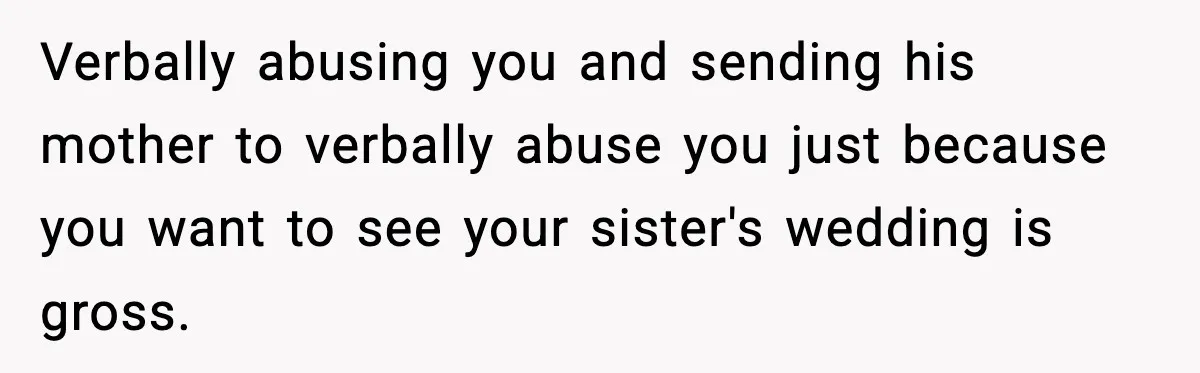 Husband Cancels Wife’s Ticket To Stop Her From Attending Sister’s Wedding, She Drives Anyway Verbally abusing you and sending his mother to verbally abuse you just because you want to see your sister's wedding is gross.