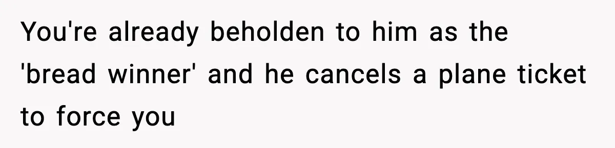 Husband Cancels Wife’s Ticket To Stop Her From Attending Sister’s Wedding, She Drives Anyway You're already beholden to him as the 'bread winner' and he cancels a plane ticket to force you