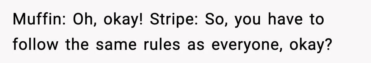 Muffin: Oh, okay! Stripe: So, you have to follow the same rules as everyone, okay?