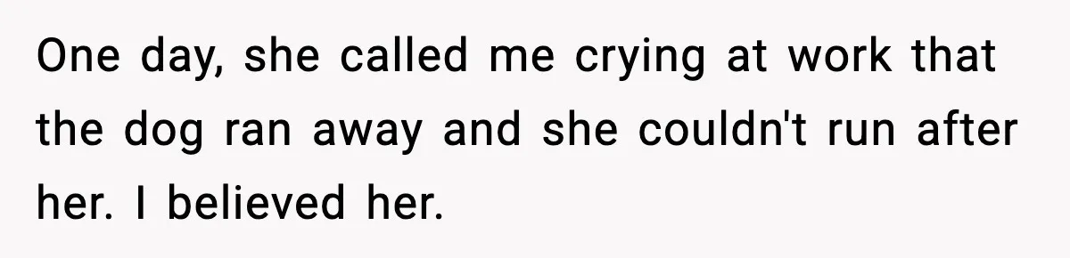 One day, she called me crying at work that the dog ran away and she couldn't run after her. I believed her.