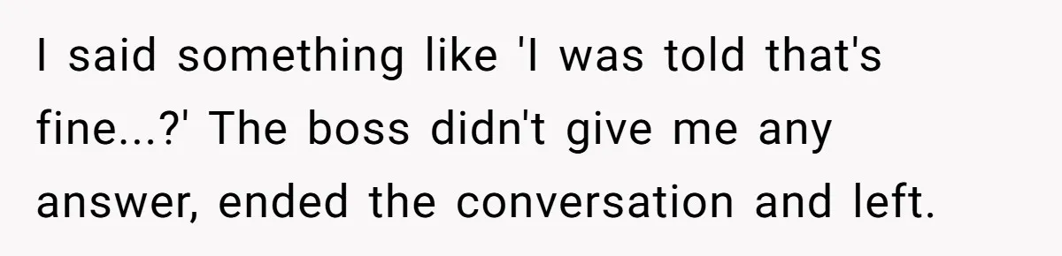 I said something like 'I was told that's fine...?' The boss didn't give me any answer, ended the conversation and left.