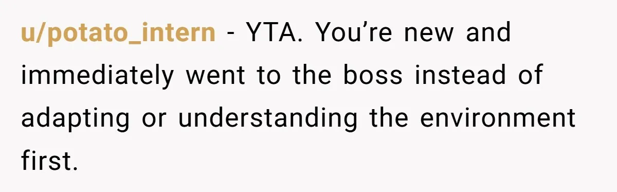 u/potato_intern - YTA. You’re new and immediately went to the boss instead of adapting or understanding the environment first.