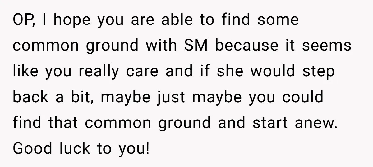 OP, I hope you are able to find some common ground with SM because it seems like you really care and if she would step back a bit, maybe just...