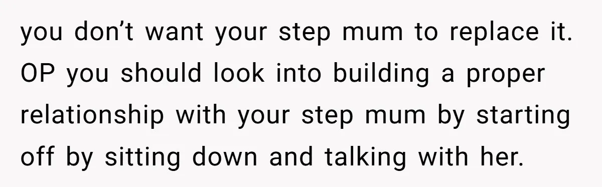you don’t want your step mum to replace it. OP you should look into building a proper relationship with your step mum by starting off by sitting down and talking...