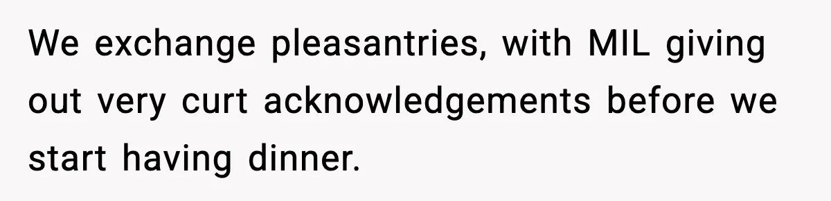 We exchange pleasantries, with MIL giving out very curt acknowledgements before we start having dinner.