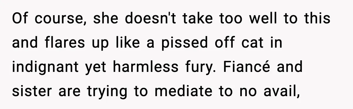 Of course, she doesn't take too well to this and flares up like a pissed off cat in indignant yet harmless fury. Fiancé and sister are trying to mediate to...