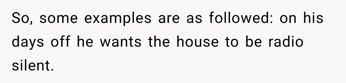 So, some examples are as followed: on his days off he wants the house to be radio silent.