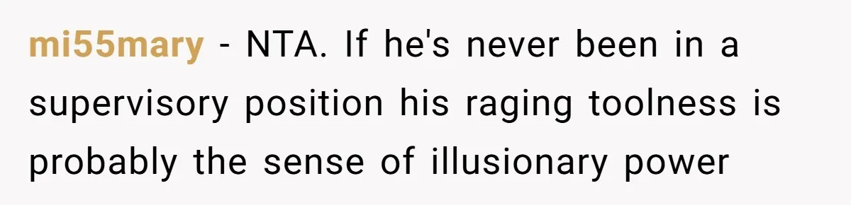 mi55mary − NTA. If he's never been in a supervisory position his raging toolness is probably the sense of illusionary power