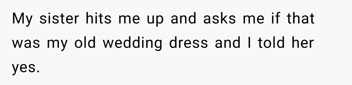 My sister hits me up and asks me if that was my old wedding dress and I told her yes.